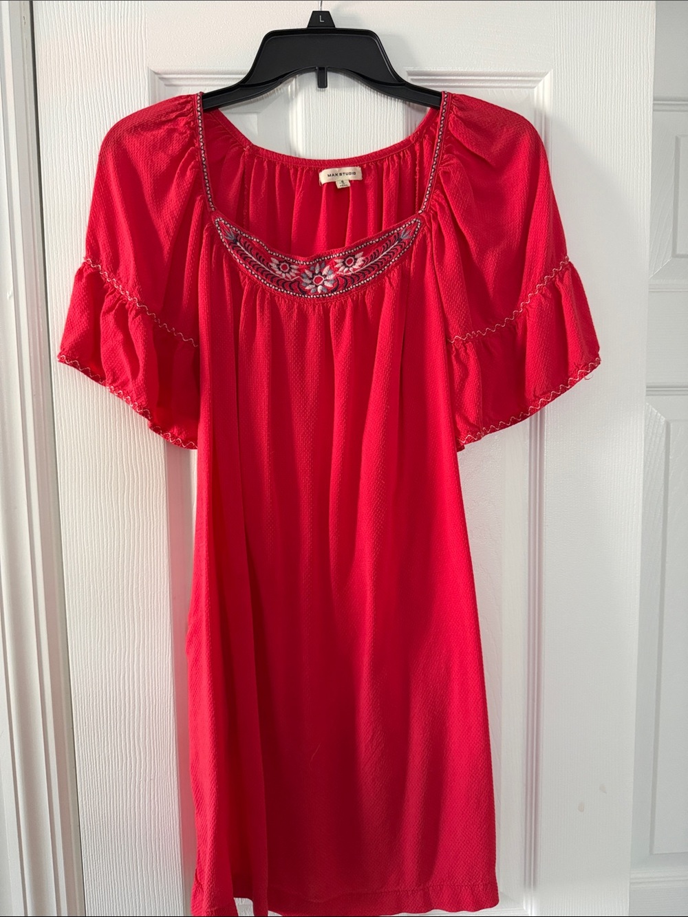 Max Studio Red Embroidered Peasant Tunic with pockets